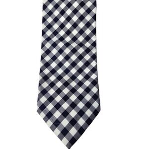J Crew Men's Tie Skinny Navy Blue White‎ Gingham Plaid Check 100% Cotton EUC